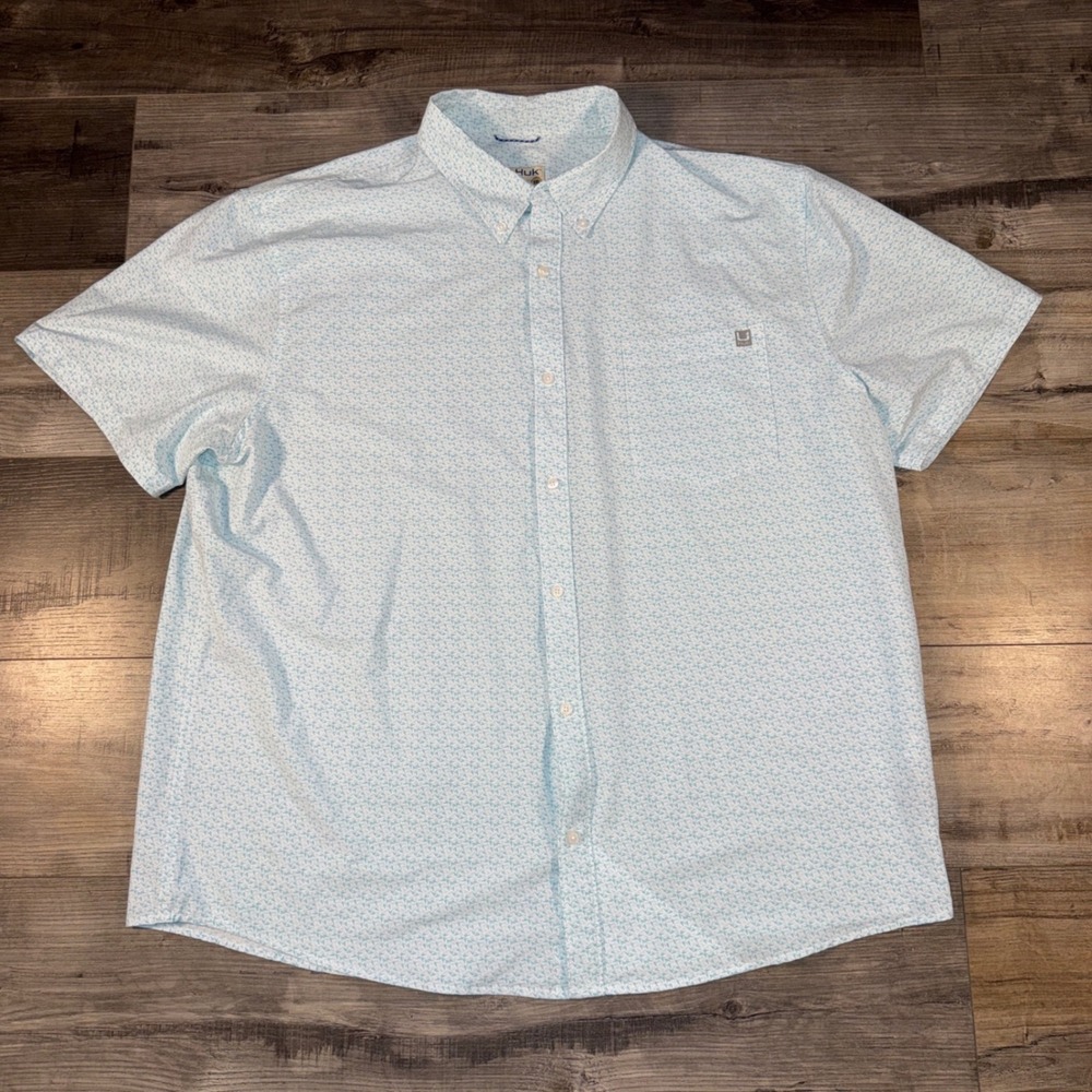 HUK‎ Performance Fishing Shirt 3XL Aqua Print Button Up Quick Dry Mens